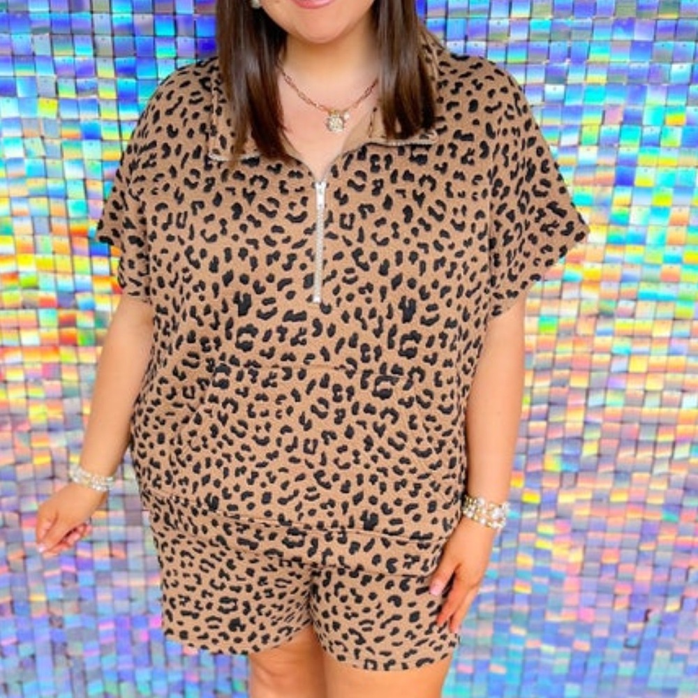 Leopard Print Zip-Up Top and Shorts Set